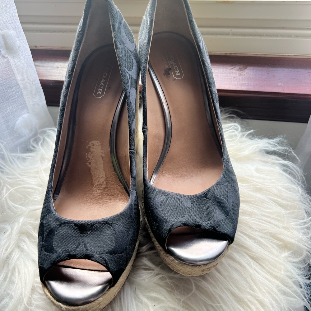 Coach Black Canvas Peep Toe Wedges